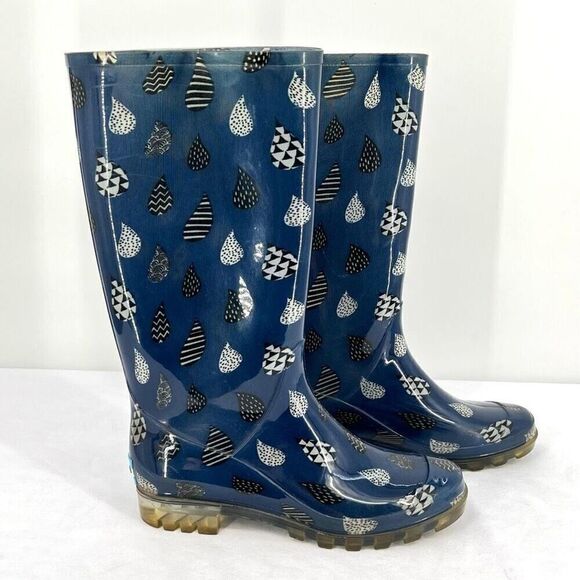 Toms Cabrilla Moonlight Blue Raindrop Print Tall Rubber Garden Rain Boots Size 8 - Picture 1 of 9
